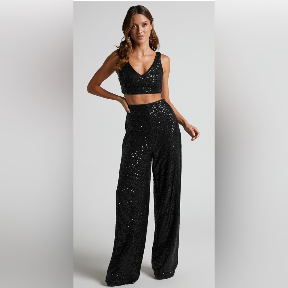 Abela Two Piece Set - Sequin Pant And Top In Black Sequin Size 0